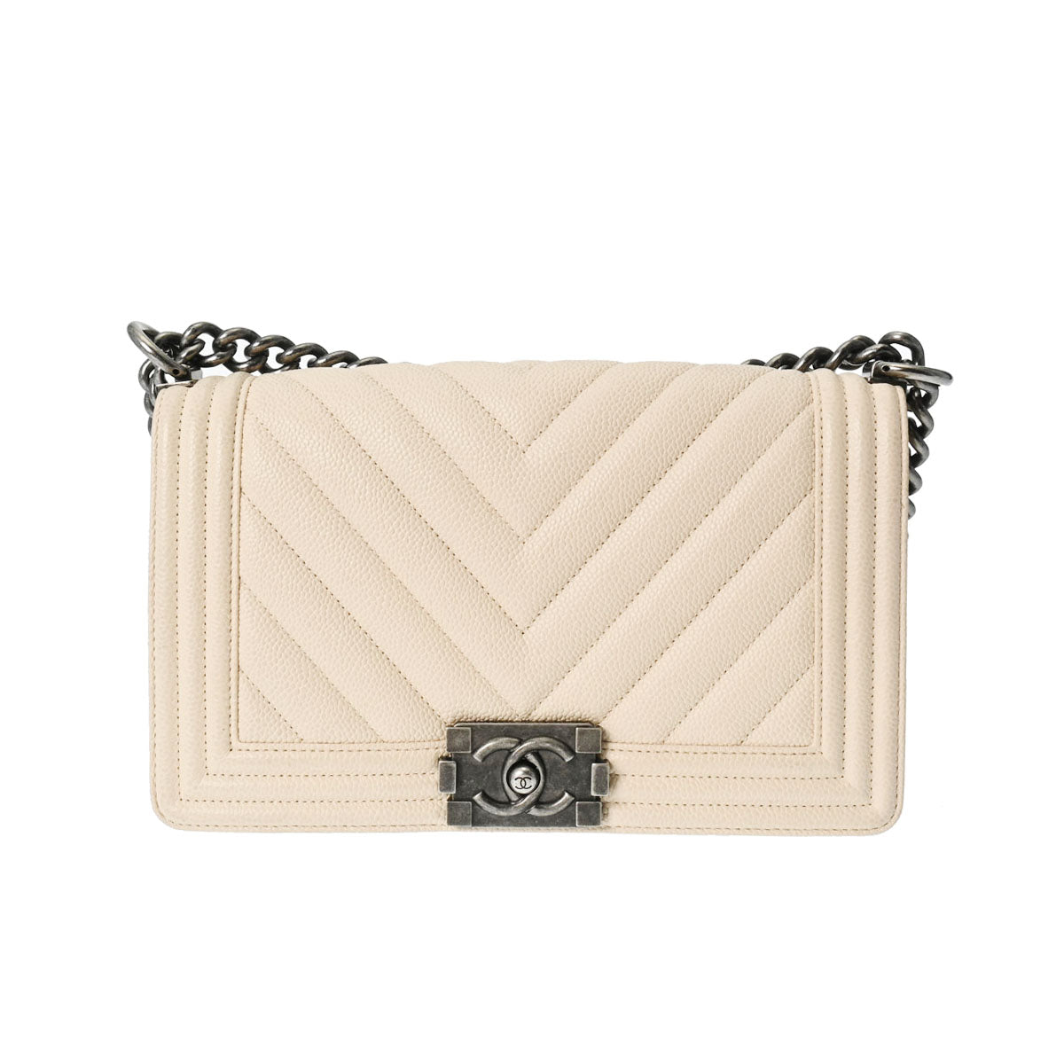 CHANEL シャネル ボーイシャネル チェーンショルダー 25cm ベージュ アンティークシルバー金具 A67086 レディース キャビアスキン ショルダーバッグ ABランク 中古 