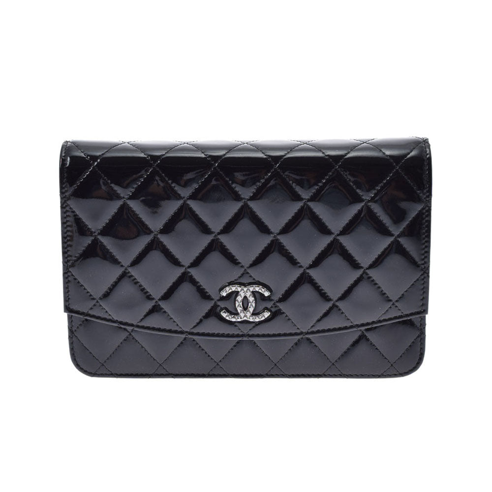 CHANEL シャネル マトラッセ チェーンウォレット 黒 シルバー金具 レディース エナメル ショルダーバッグ Aランク 中古 