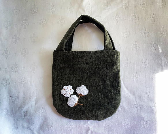 綿花の手刺繍のミニバッグ(オリーブ)