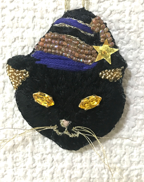 【受注生産】夢見る黒猫‍のビーズ刺繍 連結式 壁掛けオーナメント