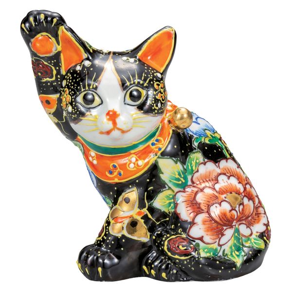 伊野正峰 日本の伝統工芸品【九谷焼】 K8-1494 5.5号横座招き猫 黒盛花と蝶　1個（直送品）