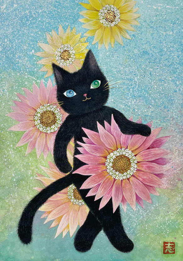 黒猫と花　(原画)