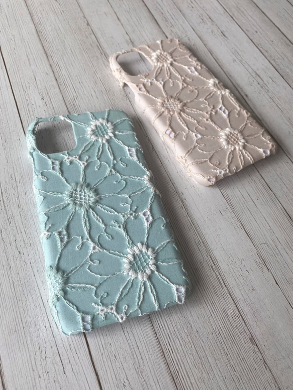 パステルグリーン追加全 7色♡可憐なフラワー刺繍レース　iPhoneケース