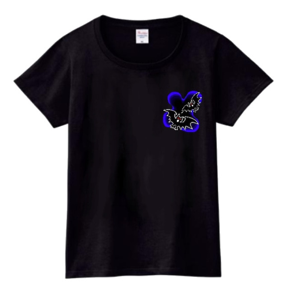 魔法の森のバット君（レディース胸ワンポイント)：プリントスターTシャツ（ブラック）