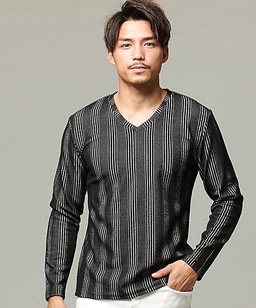 CavariA ふくれストライプ柄Vネック長袖Tシャツ メンズ 長袖 トップス カットソー インナー ロンT Vネック 細身 タイト ストレッチ カジュアル き