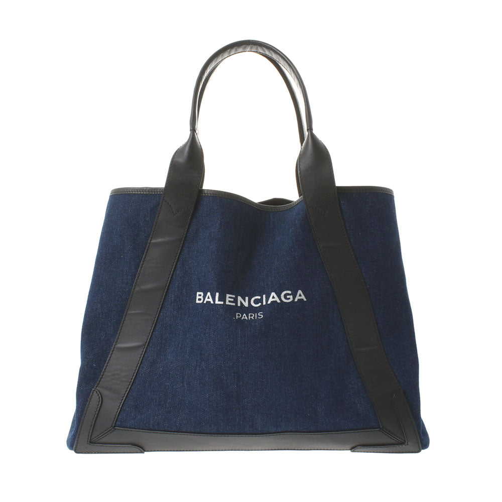 【年末の贈り物】BALENCIAGA バレンシアガ ネイビーカバM インディゴブルー 339936 ユニセックス デニム レザー ハンドバッグ Bランク 中古 