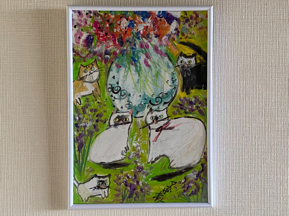 絵画。原画手描き【かわいい猫たちの花畑での楽しいデートの日】 絵画