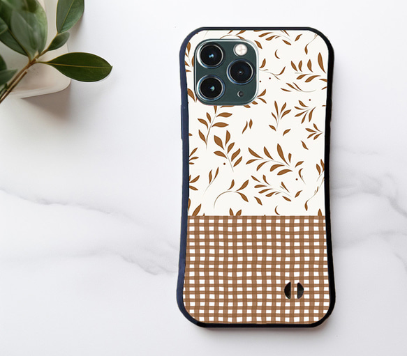 【耐衝撃グリップケース】WHITE ＆ BROWN NATURAL LEAVES ギンガム iPhone  スマホケース