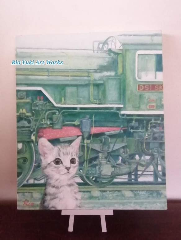 SL機関車と子猫の絵　油絵原画「Excitement before the departure」