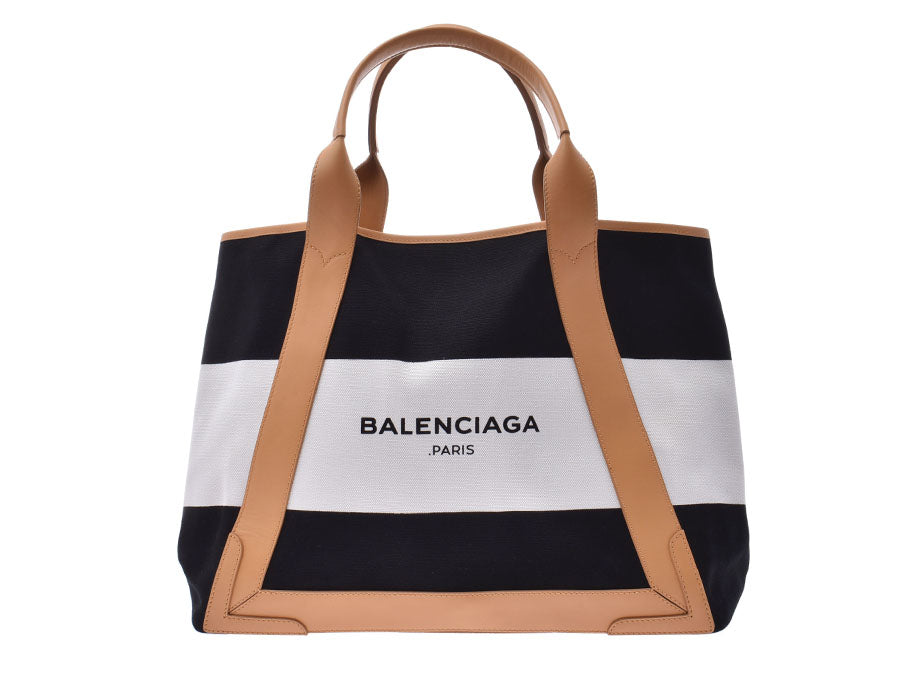 バレンシアガ ネイビーカバスM 白/黒/ベージュ系 レディース メンズ キャンバス/レザー トートバッグ Aランク BALENCIAGA ポーチ付 中古 