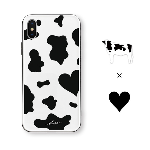 Cow♡　牛柄×ハート   iPhoneケース　名入れ　強化ガラスケース