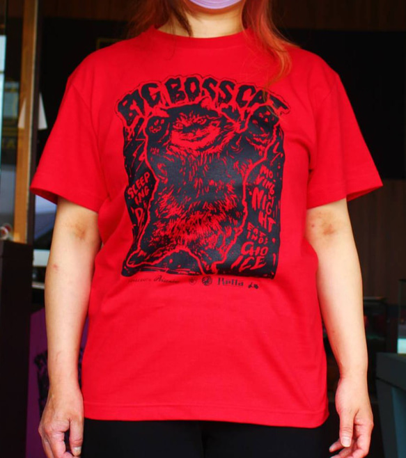 ボス猫！“BIG BOSS CAT” Tシャツ/ホラーショー/ユニセックス“ 誇りの赤黒” Lサイズ