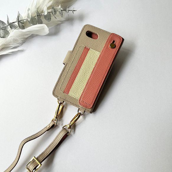 手帳型スマホケース　レザー　名入れ　ショルダー付き　イニシャル beige+coral+ivory