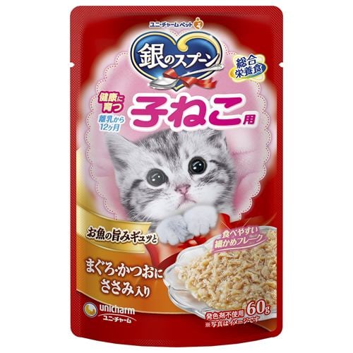 ユニ・チャーム 銀のスプーンパウチ健康に育つ子ねこ用まぐろ・かつおにささみ入り 60g