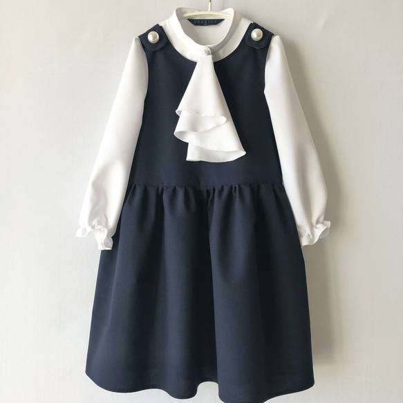 【3wayフォーマルコーデセット】大きなパールボタンのよそゆきワンピース【ネイビー/子ども服/スタンドカラーシャツブラウ