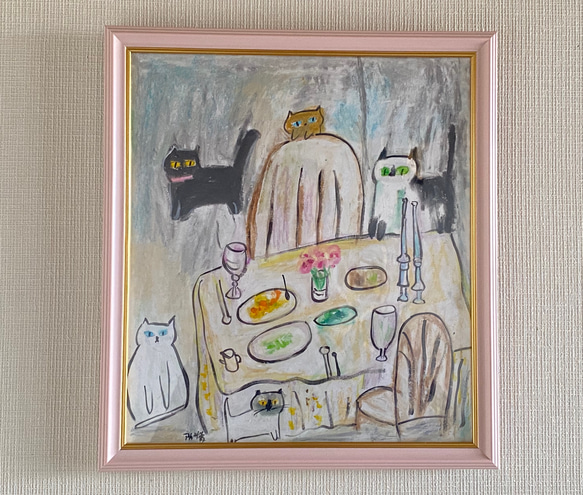 絵画 。壁掛け絵手描き【夕食の前、かわいい猫たち】