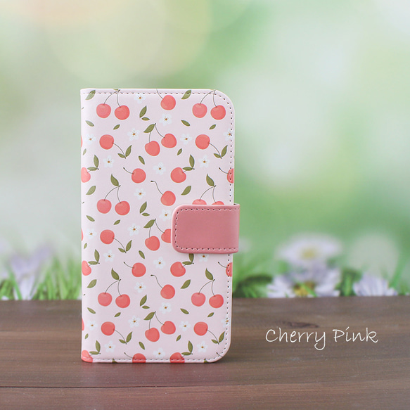 【名入れ可＊Android用カメラ穴付き手帳型スマホケース 】Cherry Pink ほぼ全機種対応