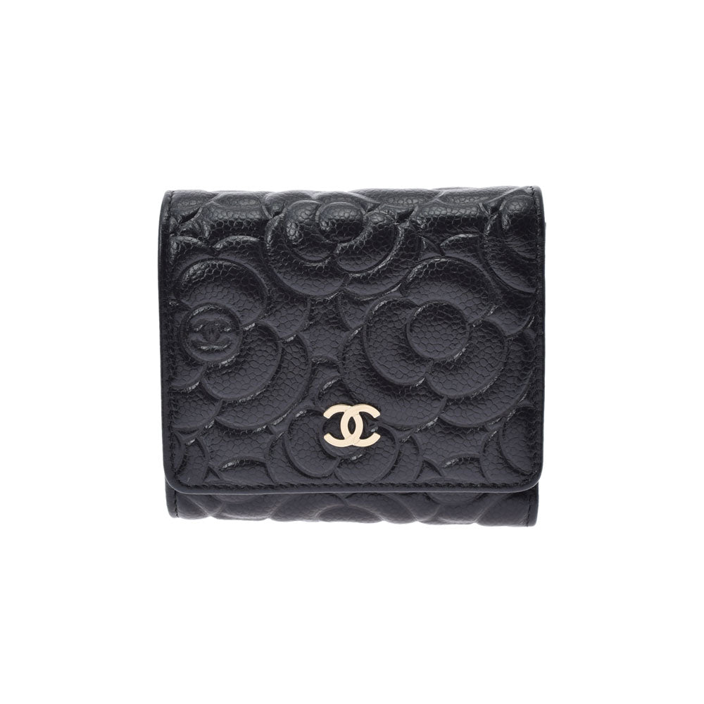 CHANEL シャネル カメリア コンパクト財布 黒 レディース キャビアスキン 三つ折り財布 Aランク 中古 