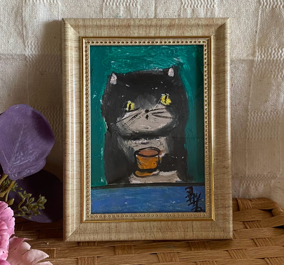 絵画。原画手描【かわいい黒猫が今日美味しいコーヒーを飲んだ】