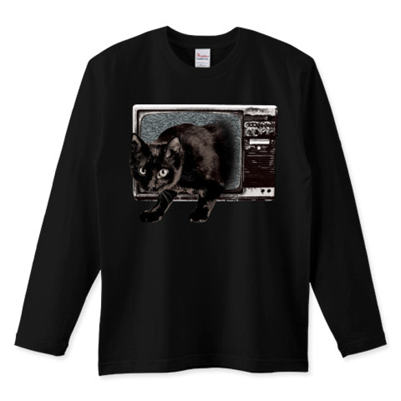 アニマルホラー長袖黒Tシャツ「黒猫テレビ」