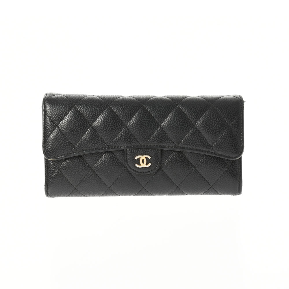 CHANEL シャネル マトラッセ ロングフラップウォレット 黒 ゴールド金具 A80758 レディース キャビアスキン 長財布 Bランク 中古 