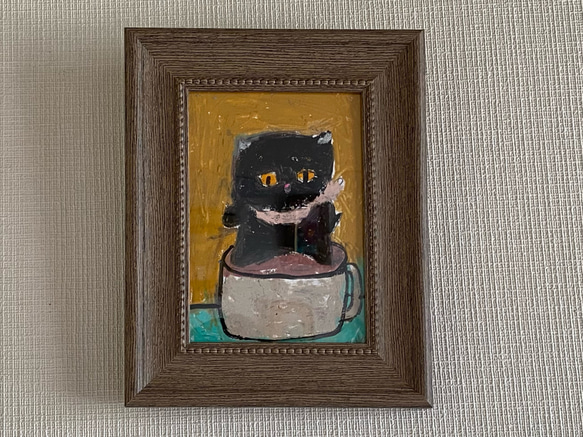 絵画。原画【黒猫がコーヒーカップで楽しく踊る】