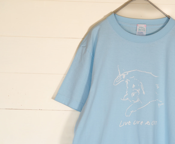 LIVE LIKE A CAT T shirt　猫Tシャツ　サックスブルー