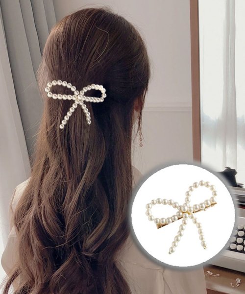 ヘアピン リボン パールビーズヘアピン パッチン留め かわいい ヘアアクセサリー パールホワイト 子ども おしゃれ