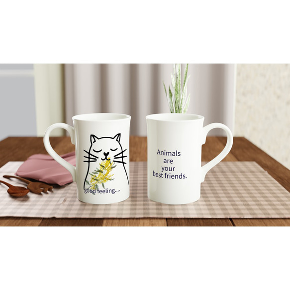 ＜creema限定＞猫モチーフ　マグカップ　陶器　かわいい　ミモザ　ギフト　食器　春色　イエロー　コップ　プレゼント