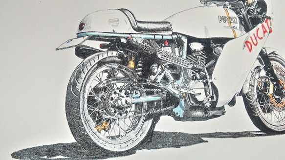 0019 色鉛筆　イラスト　オートバイ　ビンテージ　DUCATI MHR 900 A4サイズ