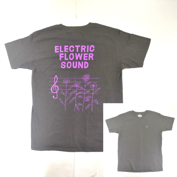 「レコードワッペン半袖Tシャツ（ELECTRIC FLOWER）」 チャコール Sサイズ WATERFALLオリジナル