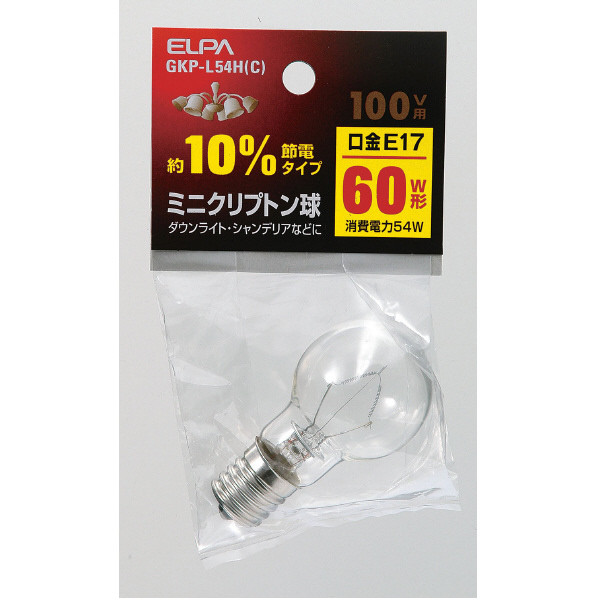 エルパ ミニクリプトン球 E17口金 60W形(54W) 1個入り クリア GKP-L54HC