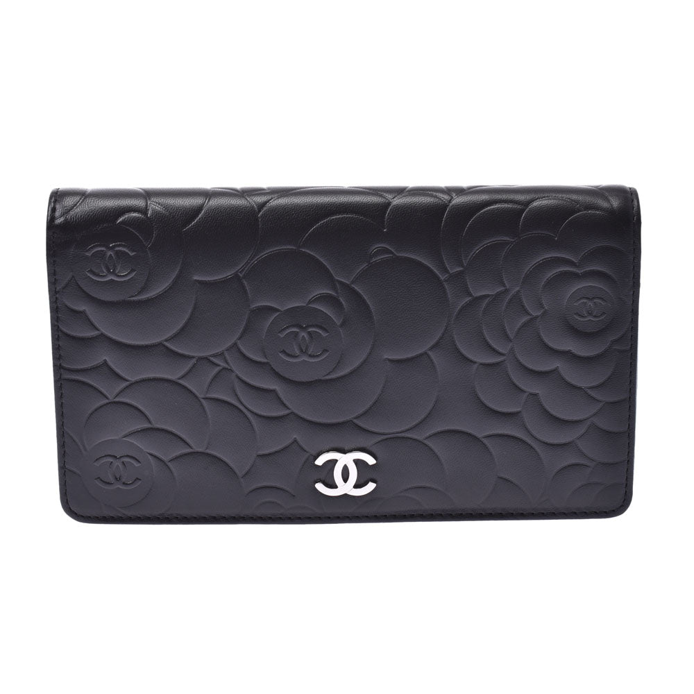 CHANEL シャネル カメリア 二つ折ファスナー長財布 黒 シルバー金具 レディース ラムスキン 長財布 Aランク 中古 