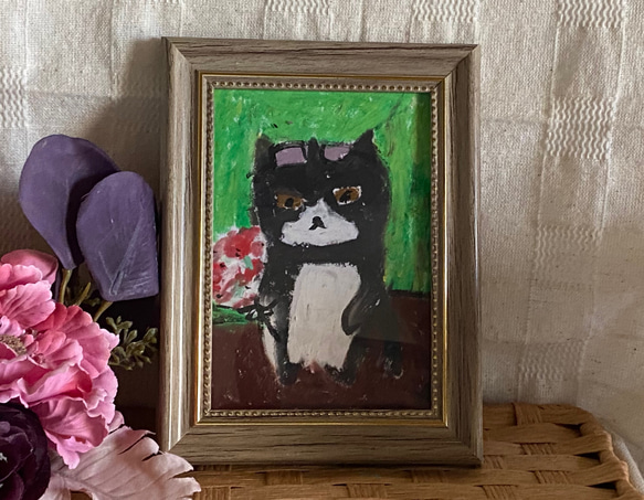 絵画。原画手描き【かわいい黒猫が買い物をしている間に花を1束買った】