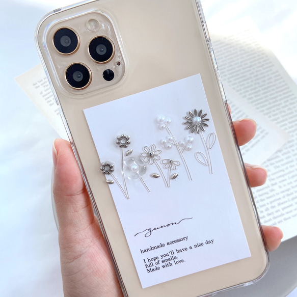 YN-15SL,【floret】,スマホケース　クリアケース　シルバー　iPhone12 iPhone13,