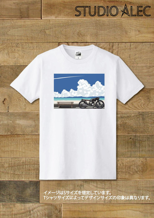 Tシャツ　海岸線とバイクのイラスト　「Memories of Blue」