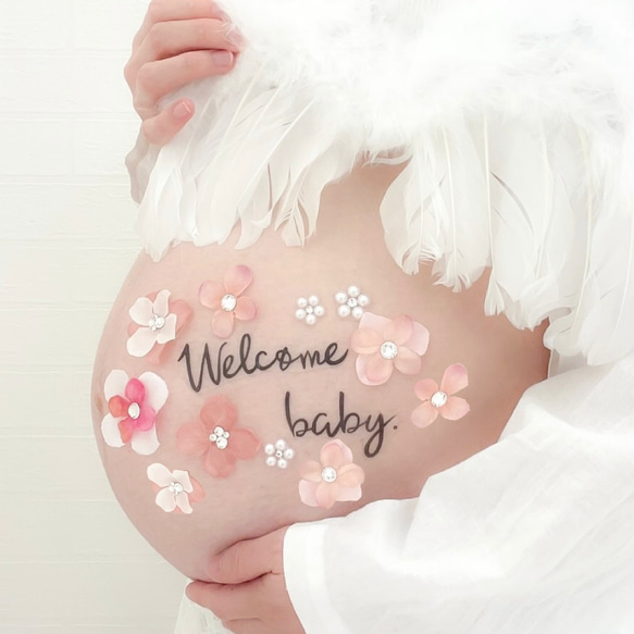 特集掲載＊M10＊welcome baby Flower＊マタニティフォト小物＊繰り返し貼るマタニティフォトシール