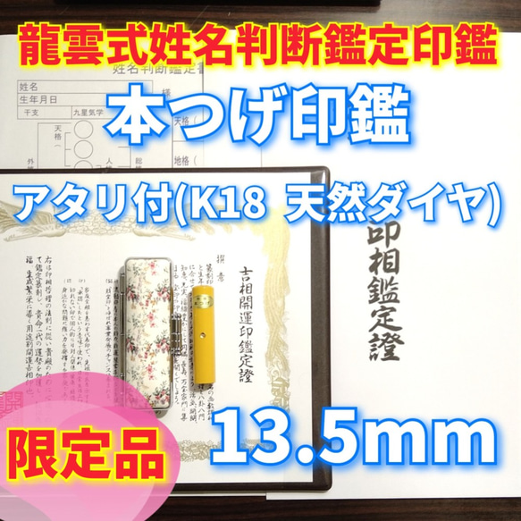 オーダー印鑑❤️姓名判断鑑定書付本柘印鑑セット13.5mm(K18天然ダイヤ付)