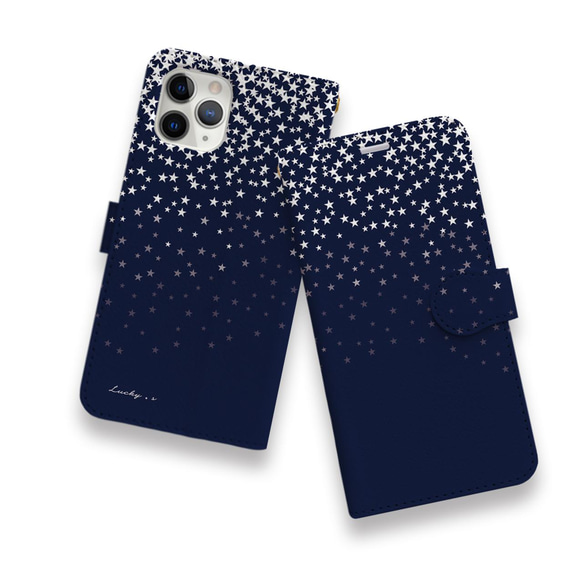 Twinkling  White Stars★Navy　手帳型ケース/スマホケース/多機種対応/iPhone