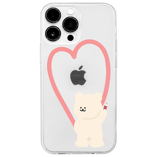 168cm iPhone 14 Pro用ソフトクリアケース くまちゃんのお絵描きハート ピンクハート 16823833I14P