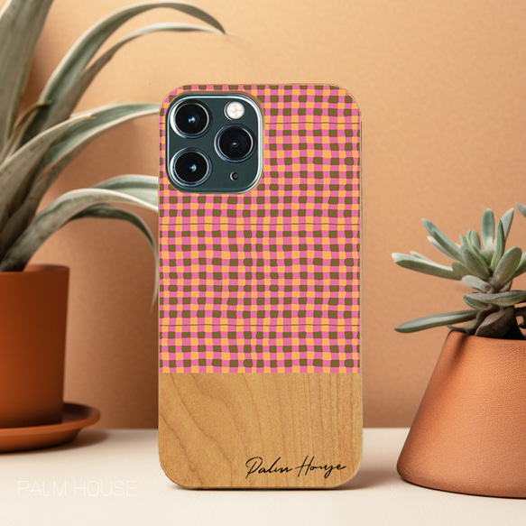 天然木♡名入れ♪PINK ORANGE CHECK WOOD iPhoneケース チェック柄