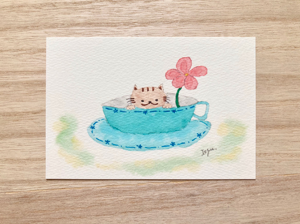 3枚セット「コーヒカップ猫」水彩画イラストポストカード　ネコ　ねこ　花　癒し