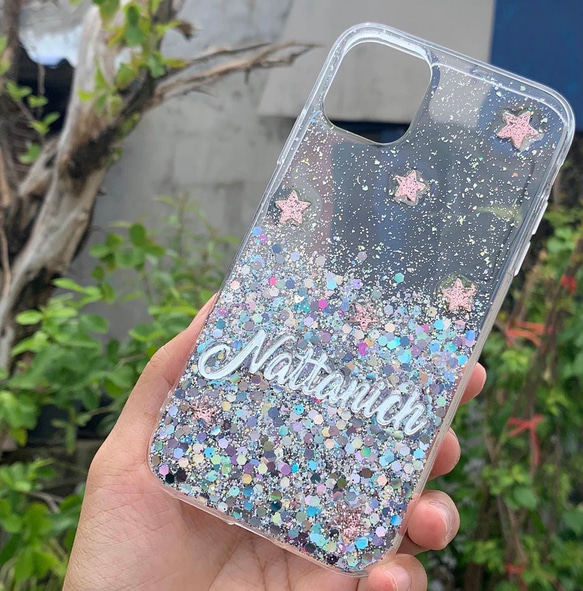 iphone galaxy xperia aquos 対応名前やロゴが入れられるglitterスマホケース