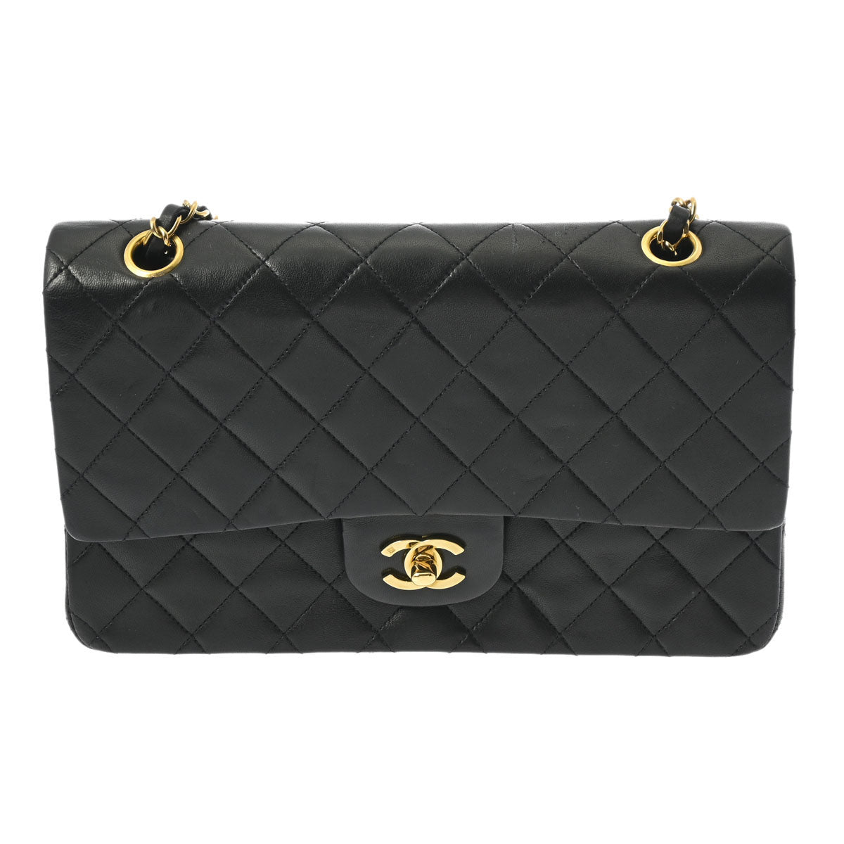 CHANEL シャネル マトラッセ Wフラップ チェーンショルダー 25cm 黒 ゴールド金具 A01112 レディース ラムスキン ショルダーバッグ ABランク 中古 