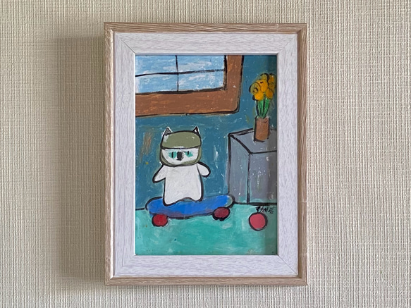 絵画。原画【猫ちゃんは部屋でスケートボードを楽しんでいる】