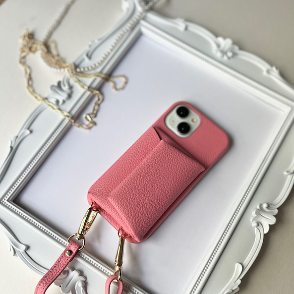 名入れ可　本革 スマホショルダー　革　カード収納 ハンド付き 名入れ レザーiphoneケース Pink