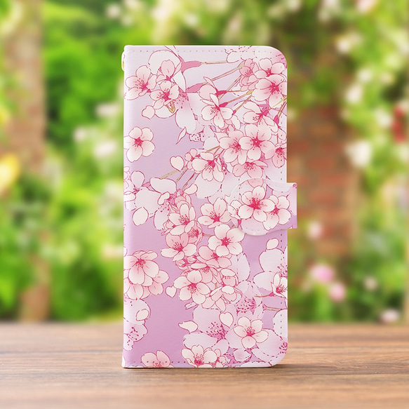 【カメラ穴あり】iPhone/Android対応 桜パープル【手帳型スマホケース】