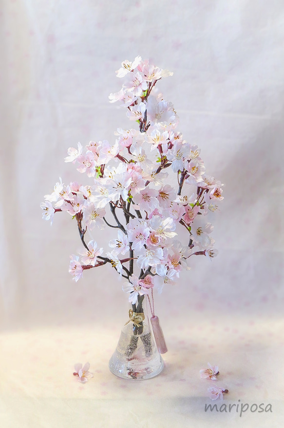 桜 ～ 薄紅色の満開桜（鈴なり）本物の桜の様な桜インテリア・ガラス器と透明ジェルの桜フラワーインテリア・無料ラッピング