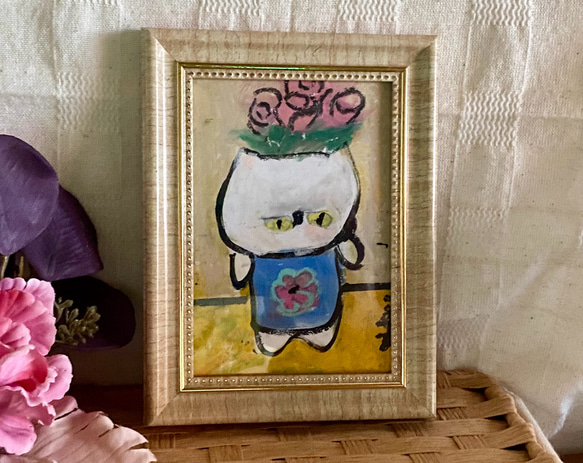 絵画。原画手描き【頭にピンクのバラの花をつけた楽しい猫】