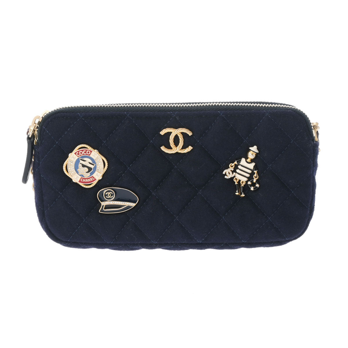 CHANEL シャネル ダブルジップ チェーンショルダー エンブロイダリー ネイビー ゴールド金具 レディース ジャージー ショルダーバッグ Aランク 中古 